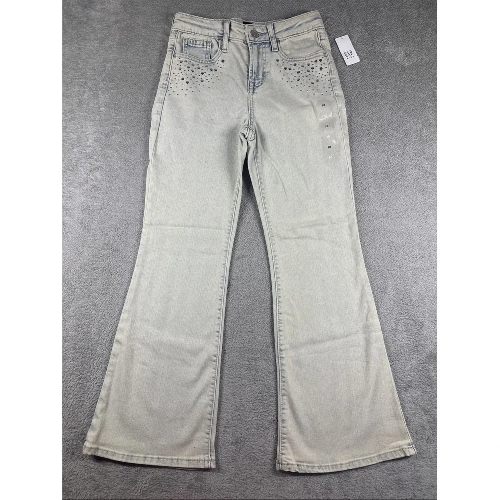 GAP Denim Girls' 70's Flare Stretch Adjustable Waist Studded Jeans Light 10 NWT